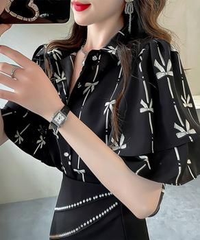 総柄ブラウスダブルフレアスリーブトップス 送料無料 即日発送-2