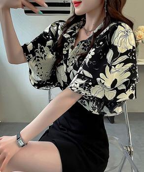 総柄ブラウスダブルフレアスリーブトップス 送料無料 即日発送-3