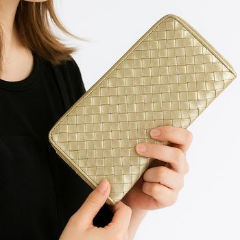 長財布 メッシュシープスキン革ラウンドファスナー長財布E 031M GD ゴールドカラー羊革編み込み婦人財布 送料無料-4