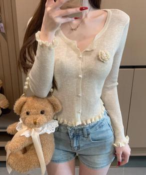 サマーニットカーディガン 花モチーフ付き 送料無料 即日発送-4