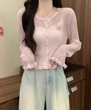 サマーニットカーディガン 花モチーフ付き 送料無料 即日発送-6