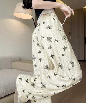 蝶柄ワイドパンツ ダメージロングパンツ夏 送料無料 即日発送-5