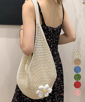 トートバッグ花モチーフ付き編みバッグ軽量 送料無料 即日発送-0