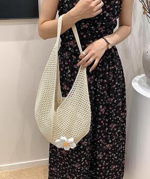 トートバッグ花モチーフ付き編みバッグ軽量 送料無料 即日発送-2