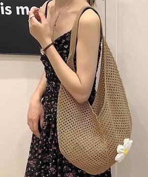 トートバッグ花モチーフ付き編みバッグ軽量 送料無料 即日発送-3