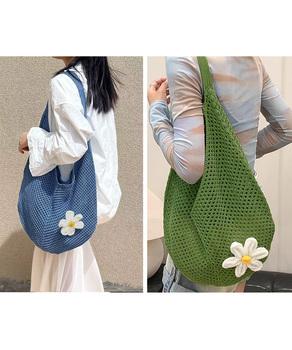 トートバッグ花モチーフ付き編みバッグ軽量 送料無料 即日発送-4