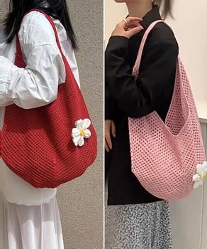 トートバッグ花モチーフ付き編みバッグ軽量 送料無料 即日発送-5