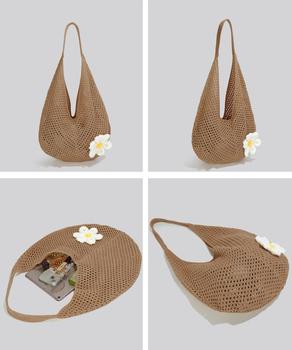 トートバッグ花モチーフ付き編みバッグ軽量 送料無料 即日発送-7