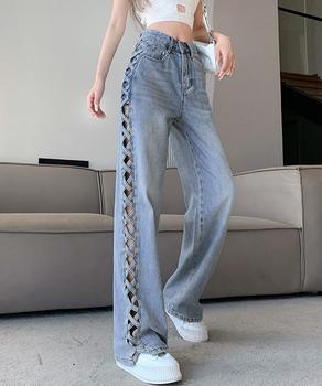 デニムパンツサイドレースアップジーパン 送料無料 即日発送-3