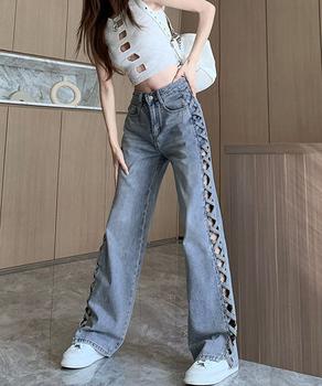 デニムパンツサイドレースアップジーパン 送料無料 即日発送-6