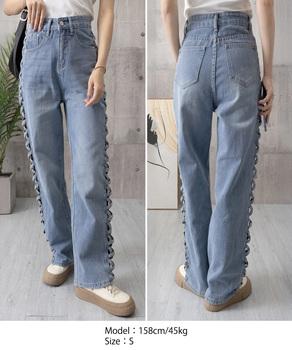 デニムパンツサイドレースアップジーパン 送料無料 即日発送-8