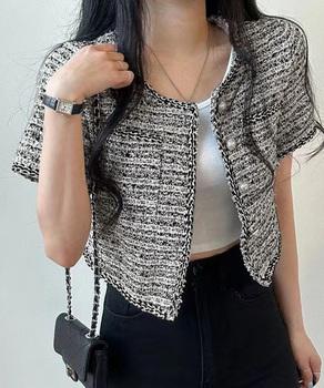 ツイード風ジャケットノーカラージャケット 送料無料 即日発送-3