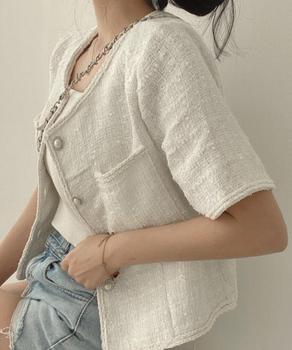 ツイード風ジャケットノーカラージャケット 送料無料 即日発送-5