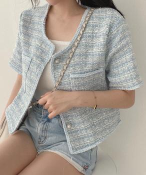 ツイード風ジャケットノーカラージャケット 送料無料 即日発送-6