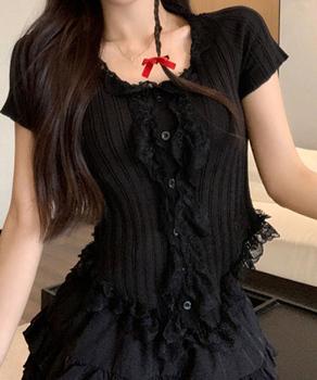 レースフリルニットトップスショート丈夏服 送料無料 即日発送-2