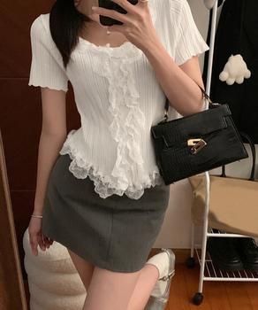 レースフリルニットトップスショート丈夏服 送料無料 即日発送-4