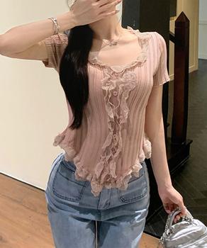 レースフリルニットトップスショート丈夏服 送料無料 即日発送-6