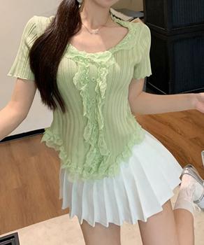 レースフリルニットトップスショート丈夏服 送料無料 即日発送-7