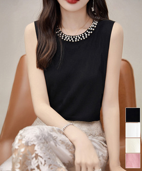 パール付きトップスノースリーブニット夏服 送料無料 即日発送-0