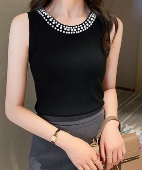 パール付きトップスノースリーブニット夏服 送料無料 即日発送-2