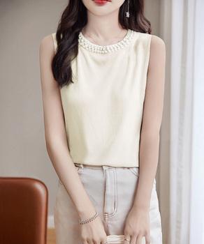 パール付きトップスノースリーブニット夏服 送料無料 即日発送-5