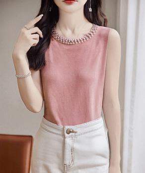 パール付きトップスノースリーブニット夏服 送料無料 即日発送-6