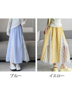 レース切り替え ロングチェック柄スカート 送料無料 即日発送-1