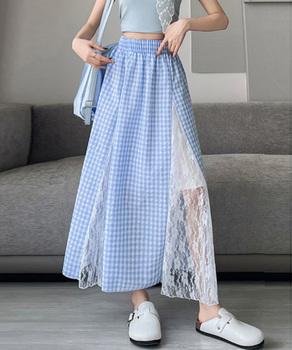 レース切り替え ロングチェック柄スカート 送料無料 即日発送-2