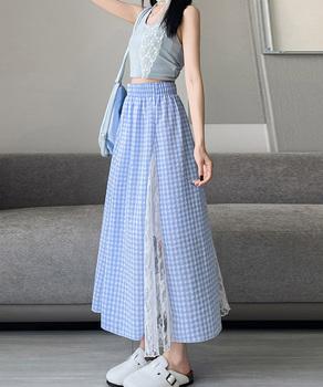 レース切り替え ロングチェック柄スカート 送料無料 即日発送-3