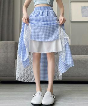 レース切り替え ロングチェック柄スカート 送料無料 即日発送-4