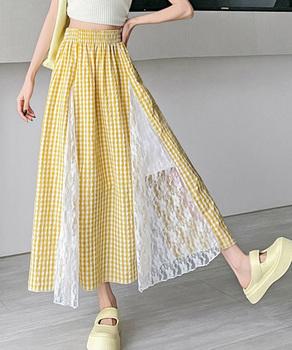 レース切り替え ロングチェック柄スカート 送料無料 即日発送-5