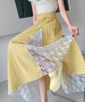 レース切り替え ロングチェック柄スカート 送料無料 即日発送-6