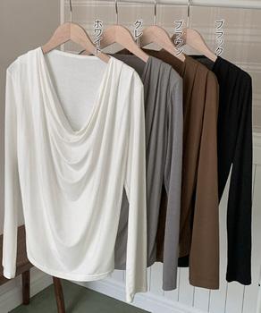 ドレープネックTシャツ 長袖トップス春秋 送料無料 即日発送-1