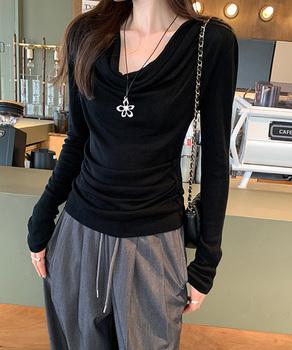 ドレープネックTシャツ 長袖トップス春秋 送料無料 即日発送-2