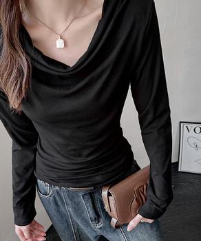 ドレープネックTシャツ 長袖トップス春秋 送料無料 即日発送-3