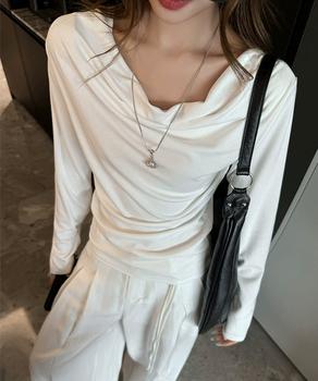 ドレープネックTシャツ 長袖トップス春秋 送料無料 即日発送-4