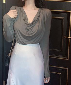 ドレープネックTシャツ 長袖トップス春秋 送料無料 即日発送-6