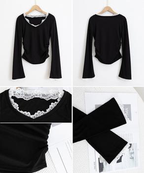 レース付TシャツVネック長袖リブトップス 送料無料 即日発送-9