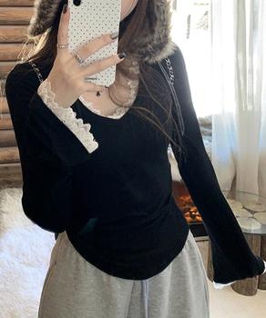 レース付TシャツVネック長袖リブトップス 送料無料 即日発送-1