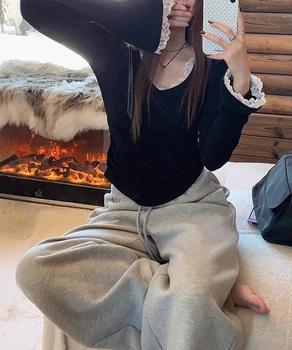 レース付TシャツVネック長袖リブトップス 送料無料 即日発送-3