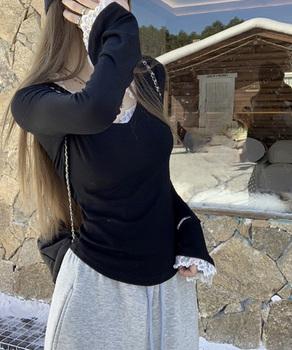 レース付TシャツVネック長袖リブトップス 送料無料 即日発送-5