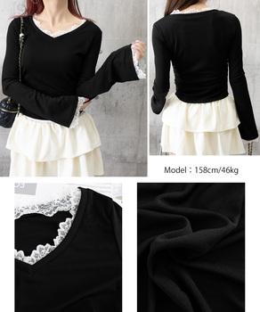レース付TシャツVネック長袖リブトップス 送料無料 即日発送-8
