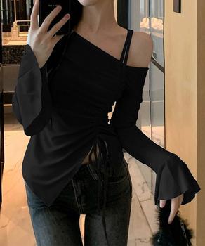 ワンオフショルダーTシャツギャザー 長袖 送料無料 即日発送-2