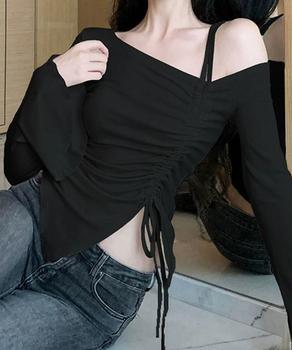 ワンオフショルダーTシャツギャザー 長袖 送料無料 即日発送-3