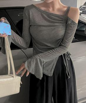 ワンオフショルダーTシャツギャザー 長袖 送料無料 即日発送-4