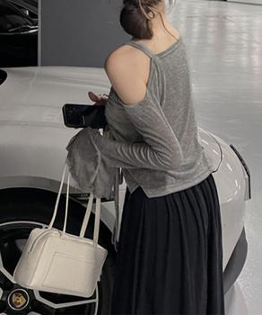 ワンオフショルダーTシャツギャザー 長袖 送料無料 即日発送-5