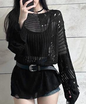 ダメージニットトップス 透かし編みニット 送料無料 即日発送-2