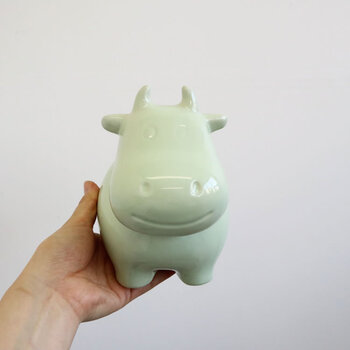 かわいい陶器製 陶器貯金箱 ウシ ライトグリーン 2セット 送料無料-6