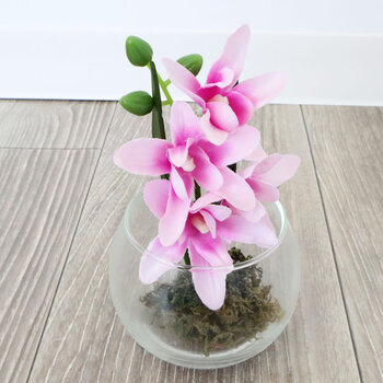 花瓶 モダンテイスト ガラス花瓶 グラスアート ピンクフラワー 造花付き　幅7cm高さ9cm奥行7cm 3個セット 送料無料-1