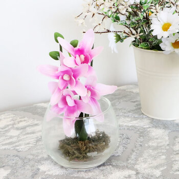 花瓶 モダンテイスト ガラス花瓶 グラスアート ピンクフラワー 造花付き　幅7cm高さ9cm奥行7cm 3個セット 送料無料-7